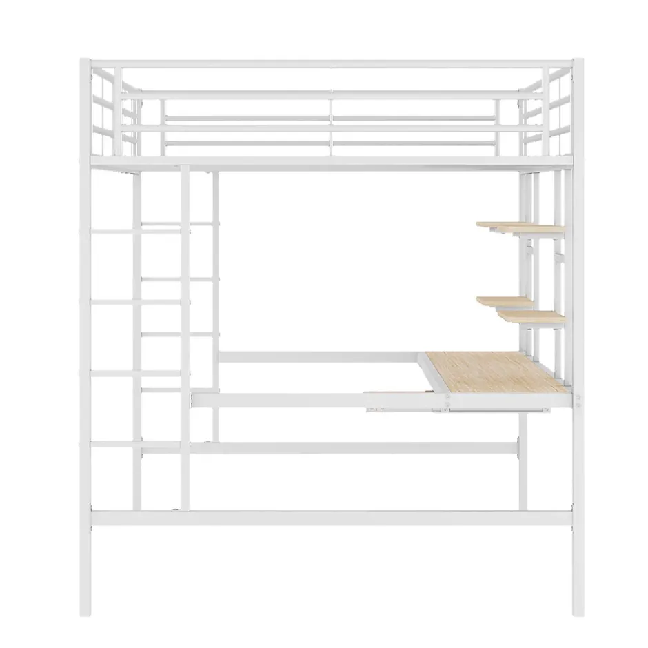 Okwish Lit mezzanine 140x200 cm, Lit enfant/ado avec bureau et 2 étagères - Métal + MDF - Sans matelas - Blanc