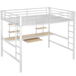 Okwish Lit mezzanine 140x200 cm, Lit enfant/ado avec bureau et 2 étagères - Métal + MDF - Sans matelas - Blanc