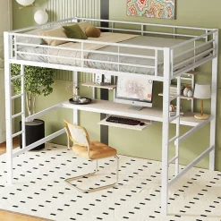 Okwish Lit mezzanine 140x200 cm, Lit enfant/ado avec bureau et 2 étagères - Métal + MDF - Sans matelas - Blanc