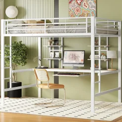 Okwish Lit mezzanine 140x200 cm, Lit enfant/ado avec bureau et 2 étagères - Métal + MDF - Sans matelas - Blanc