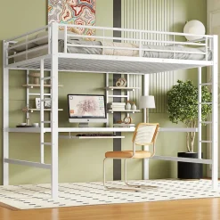 Okwish Lit mezzanine 140x200 cm, Lit enfant/ado avec bureau et 2 étagères - Métal + MDF - Sans matelas - Blanc
