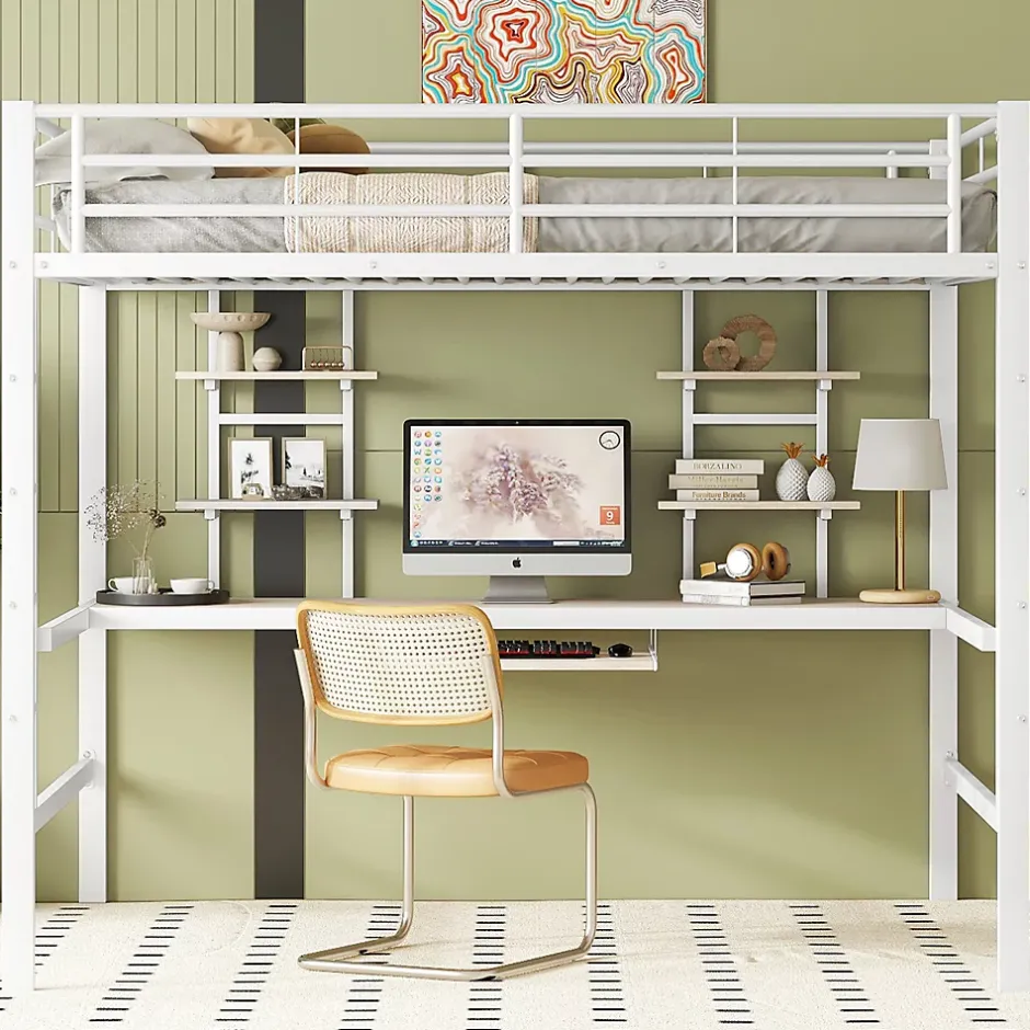 Okwish Lit mezzanine 140x200 cm, Lit enfant/ado avec bureau et 2 étagères - Métal + MDF - Sans matelas - Blanc
