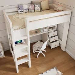 Okwish Lit mezzanine 90x200 cm, lit simple avec bureau en L, rangements et tiroirs, échelle, MDF/bois massif, blanc, sans matelas Online