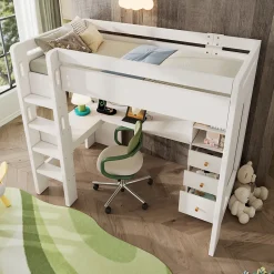 Okwish Lit mezzanine 90x200 cm, lit simple avec bureau en L, rangements et tiroirs, échelle, MDF/bois massif, blanc, sans matelas Online