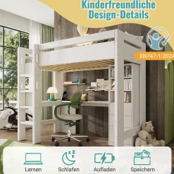 Okwish Lit mezzanine 90x200 cm, lit simple avec bureau en L, rangements et tiroirs, échelle, MDF/bois massif, blanc, sans matelas Online