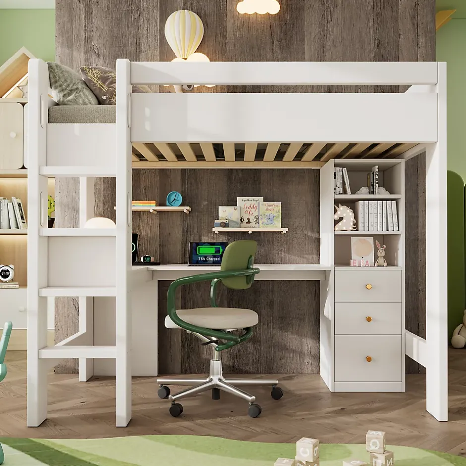 Okwish Lit mezzanine 90x200 cm, lit simple avec bureau en L, rangements et tiroirs, échelle, MDF/bois massif, blanc, sans matelas Online