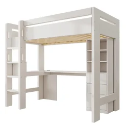 Okwish Lit mezzanine 90x200 cm, lit simple avec bureau en L, rangements et tiroirs, échelle, MDF/bois massif, blanc, sans matelas Online