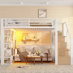 Okwish Lit Mezzanine 140x200 cm Métal Blanc avec Éclairage LED, Escalier Intégré et Garde-Corps, Lit Ado ou Adulte Hot
