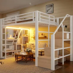 Okwish Lit Mezzanine 140x200 cm Métal Blanc avec Éclairage LED, Escalier Intégré et Garde-Corps, Lit Ado ou Adulte Hot