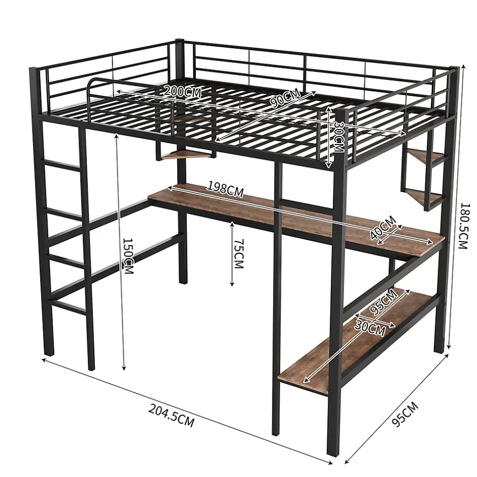 ProximaX Lit mezzanine 90x200 cm métal noir, surélevé avec échelle, bureau et 4 étagères d angle, pour enfants et ados Hot