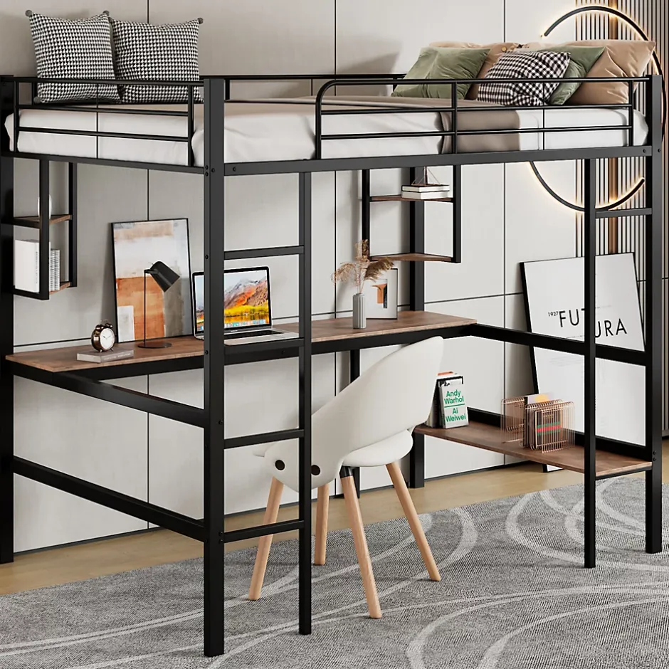 ProximaX Lit mezzanine 90x200 cm métal noir, surélevé avec échelle, bureau et 4 étagères d angle, pour enfants et ados Hot