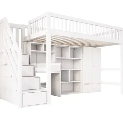 ModernLuxe Lit mezzanine 90x200 cm multifonctionnel en bois et MDF - avec escalier de rangement, bureau et armoire - Blanc(sans matelas) Hot