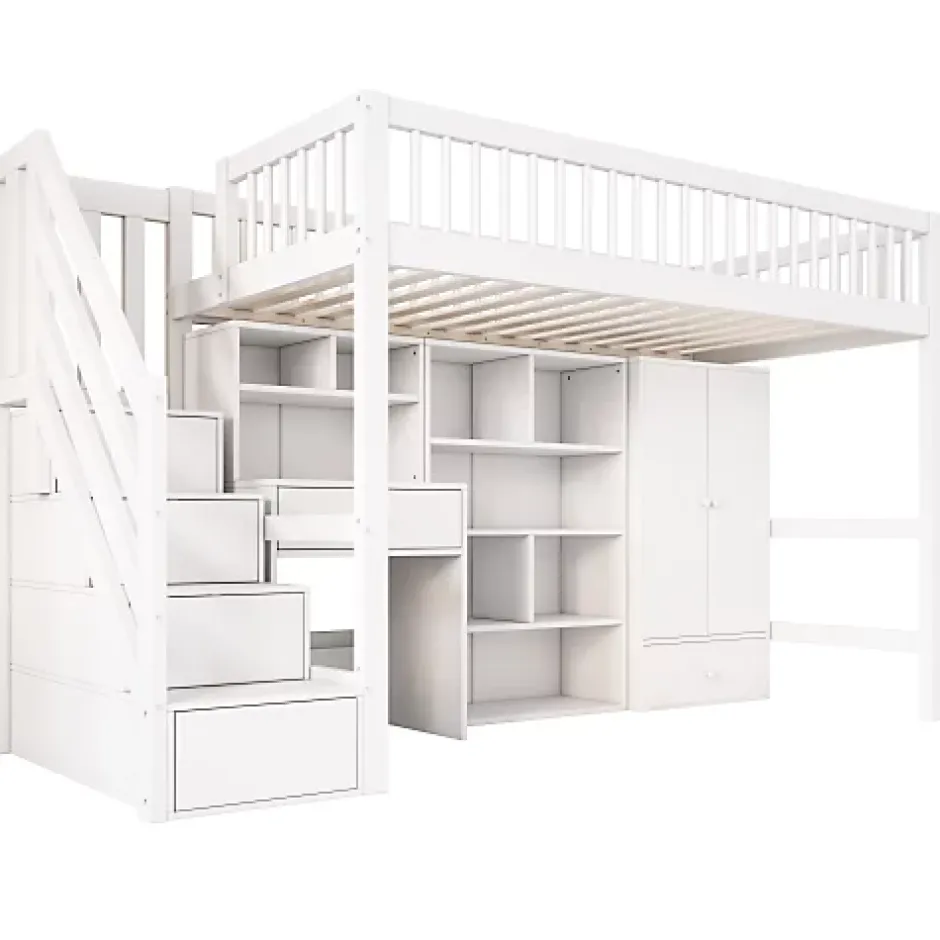 ModernLuxe Lit mezzanine 90x200 cm multifonctionnel en bois et MDF - avec escalier de rangement, bureau et armoire - Blanc(sans matelas) Hot
