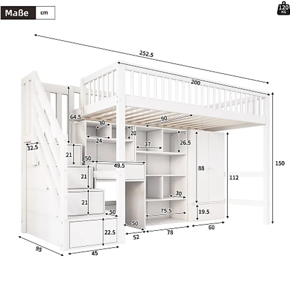 ModernLuxe Lit mezzanine 90x200 cm multifonctionnel en bois et MDF - avec escalier de rangement, bureau et armoire - Blanc(sans matelas) Hot