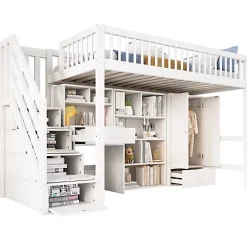 ModernLuxe Lit mezzanine 90x200 cm multifonctionnel en bois et MDF - avec escalier de rangement, bureau et armoire - Blanc(sans matelas) Hot