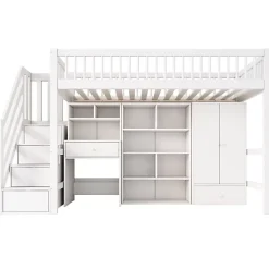 ModernLuxe Lit mezzanine 90x200 cm multifonctionnel en bois et MDF - avec escalier de rangement, bureau et armoire - Blanc(sans matelas) Hot