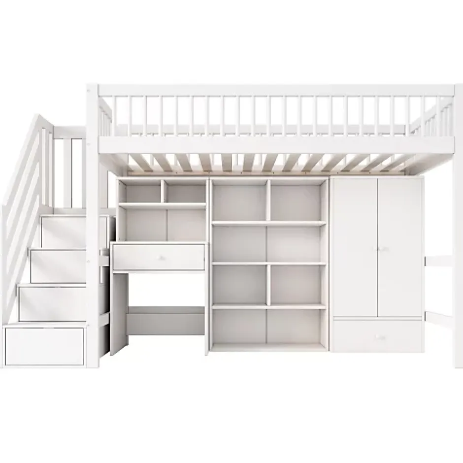 ModernLuxe Lit mezzanine 90x200 cm multifonctionnel en bois et MDF - avec escalier de rangement, bureau et armoire - Blanc(sans matelas) Hot