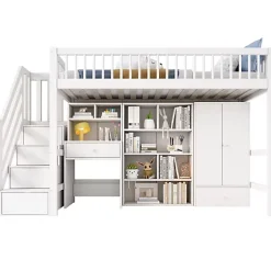 ModernLuxe Lit mezzanine 90x200 cm multifonctionnel en bois et MDF - avec escalier de rangement, bureau et armoire - Blanc(sans matelas) Hot