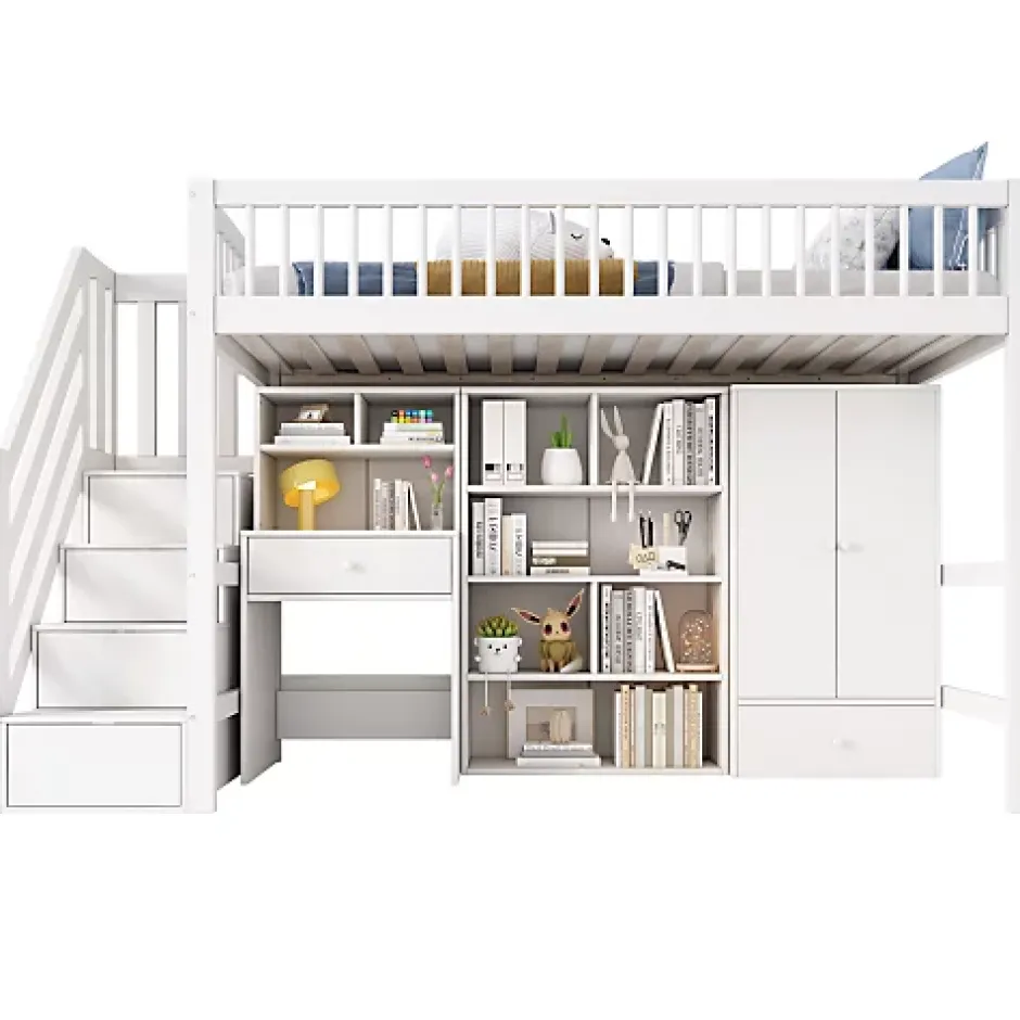 ModernLuxe Lit mezzanine 90x200 cm multifonctionnel en bois et MDF - avec escalier de rangement, bureau et armoire - Blanc(sans matelas) Hot