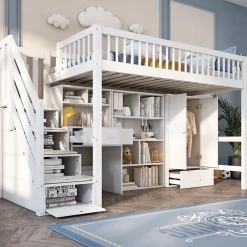 ModernLuxe Lit mezzanine 90x200 cm multifonctionnel en bois et MDF - avec escalier de rangement, bureau et armoire - Blanc(sans matelas) Hot