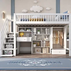 ModernLuxe Lit mezzanine 90x200 cm multifonctionnel en bois et MDF - avec escalier de rangement, bureau et armoire - Blanc(sans matelas) Hot