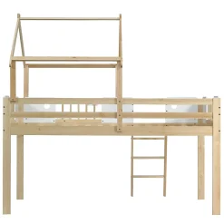 Okwish Lit mezzanine 90x200 cm simple avec échelle 3 niveaux et protection, bois pin MDF contreplaqué blanc et naturel sans matelas Clearance