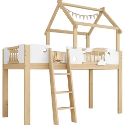 Okwish Lit mezzanine 90x200 cm simple avec échelle 3 niveaux et protection, bois pin MDF contreplaqué blanc et naturel sans matelas Clearance