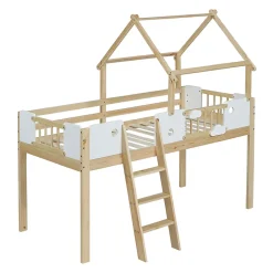 Okwish Lit mezzanine 90x200 cm simple avec échelle 3 niveaux et protection, bois pin MDF contreplaqué blanc et naturel sans matelas Clearance