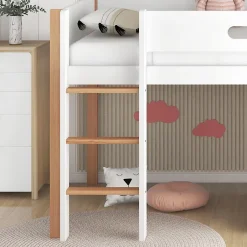 Okwish Lit mezzanine 90x200 cm simple enfant avec armoires amovibles et protection antichute, pin et MDF, naturel et blanc sans matelas Outlet