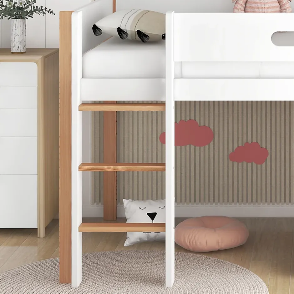 Okwish Lit mezzanine 90x200 cm simple enfant avec armoires amovibles et protection antichute, pin et MDF, naturel et blanc sans matelas Outlet
