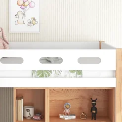 Okwish Lit mezzanine 90x200 cm simple enfant avec armoires amovibles et protection antichute, pin et MDF, naturel et blanc sans matelas Outlet
