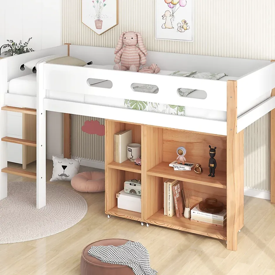 Okwish Lit mezzanine 90x200 cm simple enfant avec armoires amovibles et protection antichute, pin et MDF, naturel et blanc sans matelas Outlet