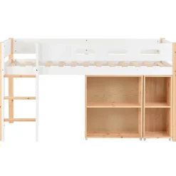 Okwish Lit mezzanine 90x200 cm simple enfant avec armoires amovibles et protection antichute, pin et MDF, naturel et blanc sans matelas Outlet