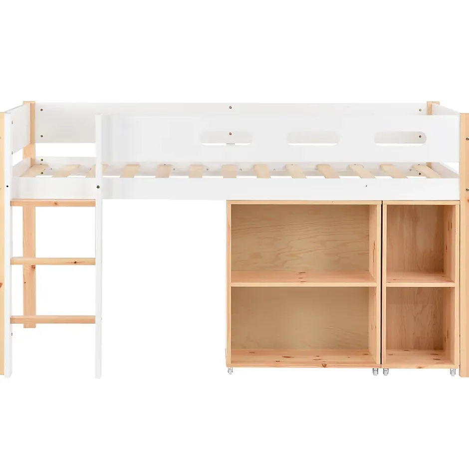Okwish Lit mezzanine 90x200 cm simple enfant avec armoires amovibles et protection antichute, pin et MDF, naturel et blanc sans matelas Outlet