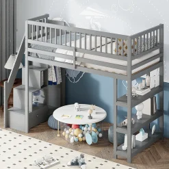 Okwish Lit mezzanine 90x200 cm simple avec rangement, escalier sécurisé, placard et étagères, bois massif et MDF gris sans matelas