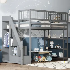 Okwish Lit mezzanine 90x200 cm simple avec rangement, escalier sécurisé, placard et étagères, bois massif et MDF gris sans matelas