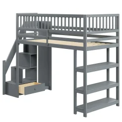 Okwish Lit mezzanine 90x200 cm simple avec rangement, escalier sécurisé, placard et étagères, bois massif et MDF gris sans matelas