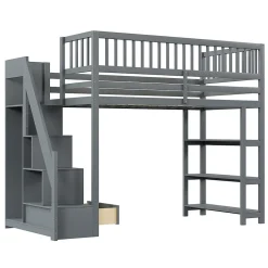 Okwish Lit mezzanine 90x200 cm simple avec rangement, escalier sécurisé, placard et étagères, bois massif et MDF gris sans matelas