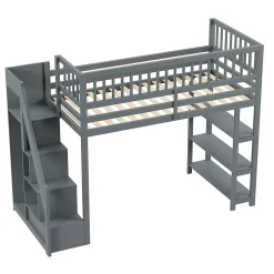 Okwish Lit mezzanine 90x200 cm simple avec rangement, escalier sécurisé, placard et étagères, bois massif et MDF gris sans matelas