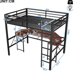 Okwish Lit Mezzanine 140x200 cm-Bureau Intégré, Éclairage LED Réglable et Panneau Perforé, Ports USB, Type-C et 2 Prises - Métal/MDF Noir Online