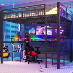Okwish Lit Mezzanine 140x200 cm-Bureau Intégré, Éclairage LED Réglable et Panneau Perforé, Ports USB, Type-C et 2 Prises - Métal/MDF Noir Online