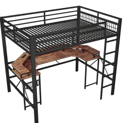 Okwish Lit Mezzanine 140x200 cm-Bureau Intégré, Éclairage LED Réglable et Panneau Perforé, Ports USB, Type-C et 2 Prises - Métal/MDF Noir Online