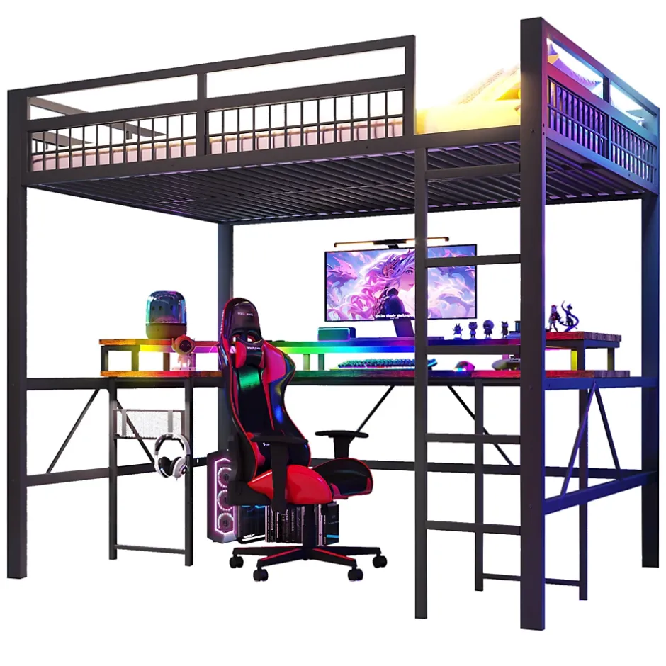 Okwish Lit Mezzanine 140x200 cm-Bureau Intégré, Éclairage LED Réglable et Panneau Perforé, Ports USB, Type-C et 2 Prises - Métal/MDF Noir Online