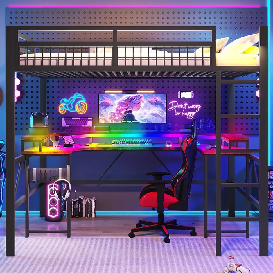 Okwish Lit Mezzanine 140x200 cm-Bureau Intégré, Éclairage LED Réglable et Panneau Perforé, Ports USB, Type-C et 2 Prises - Métal/MDF Noir Online