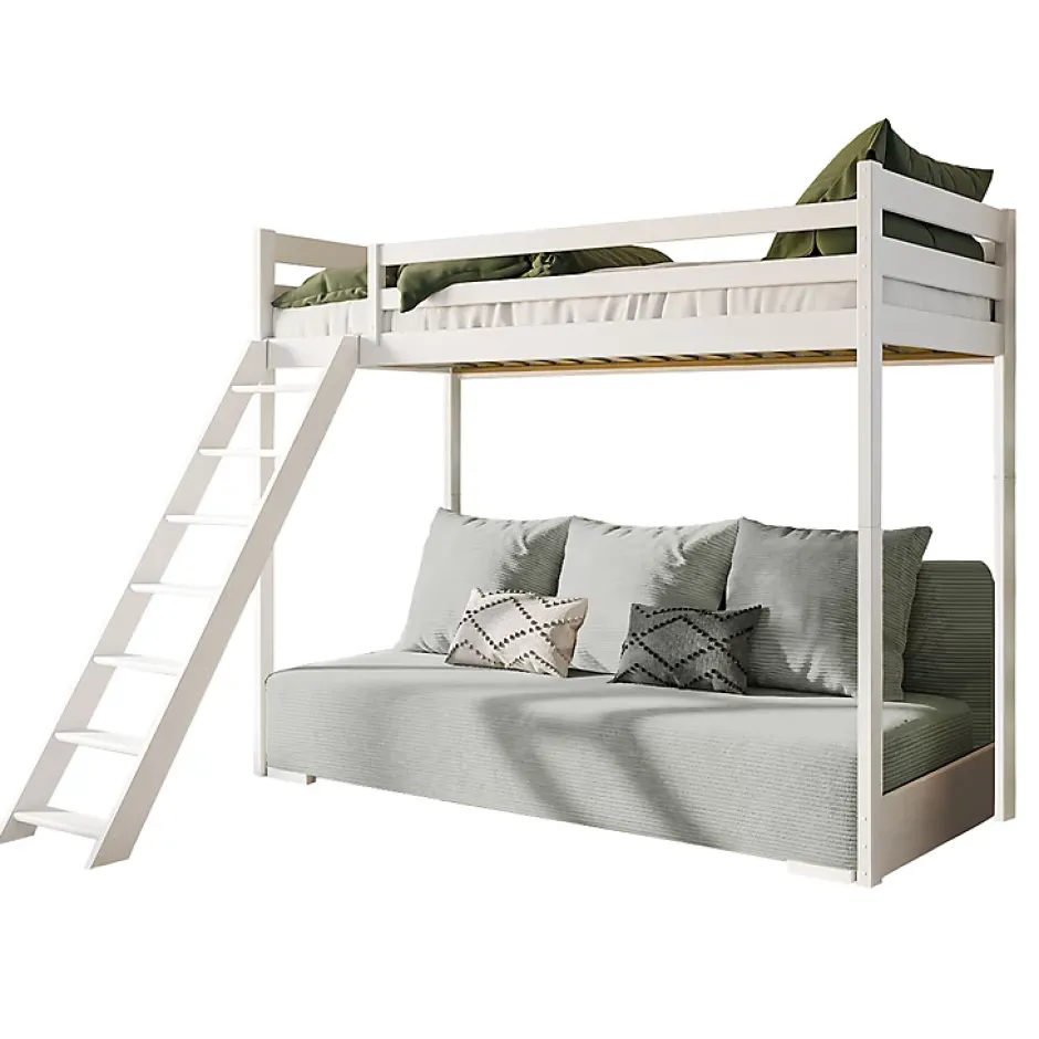 Petits-Meubles Lit mezzanine 90x200 sommier et canape inclus Orlane Blanc et gris