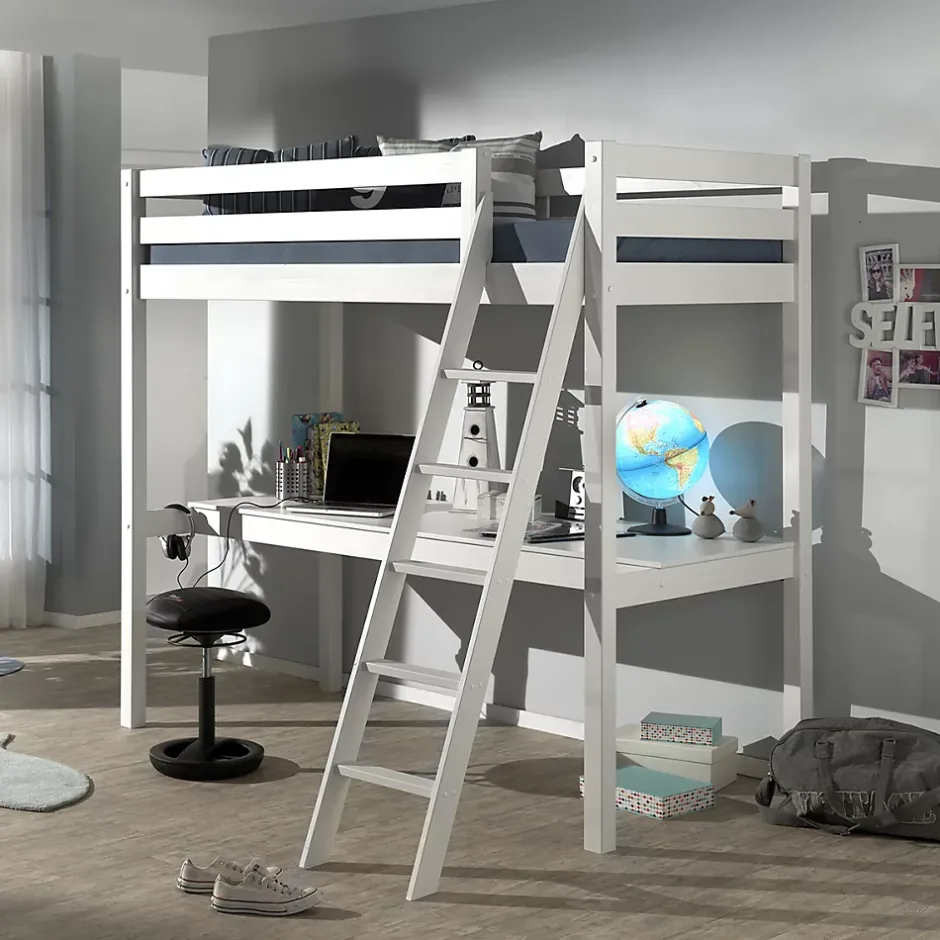 Petits-Meubles Lit Mezzanine 90x200 Sommier Inclus et Bureau Vipack Pino - Blanc Clearance