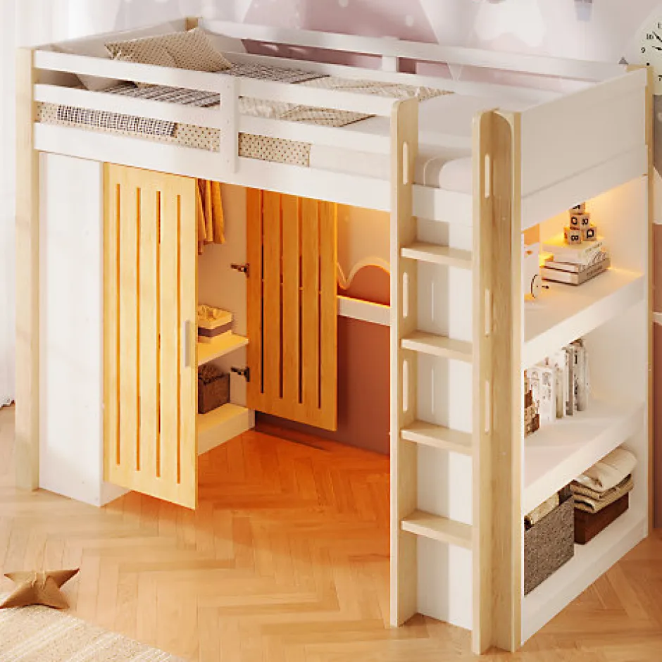 ModernLuxe Lit mezzanine 90x200cm - avec éclairage LED - avec armoire - avec étagères - blanc + naturel (matelas non inclus)