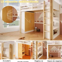 ModernLuxe Lit mezzanine 90x200cm - avec éclairage LED - avec armoire - avec étagères - blanc + naturel (matelas non inclus)