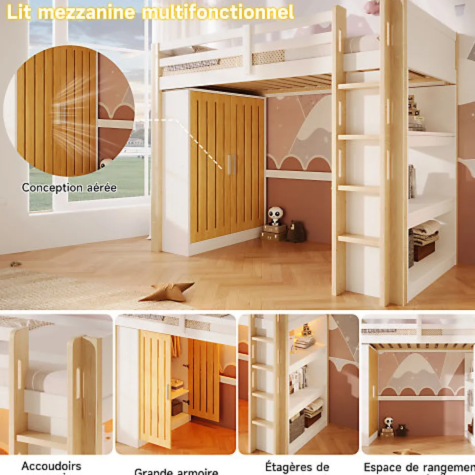 ModernLuxe Lit mezzanine 90x200cm - avec éclairage LED - avec armoire - avec étagères - blanc + naturel (matelas non inclus)