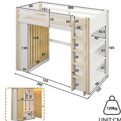 ModernLuxe Lit mezzanine 90x200cm - avec éclairage LED - avec armoire - avec étagères - blanc + naturel (matelas non inclus)